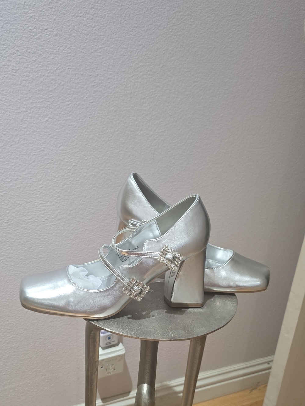 Cape Robbin Silver Mary Jane Block Heels with Crystal Straps